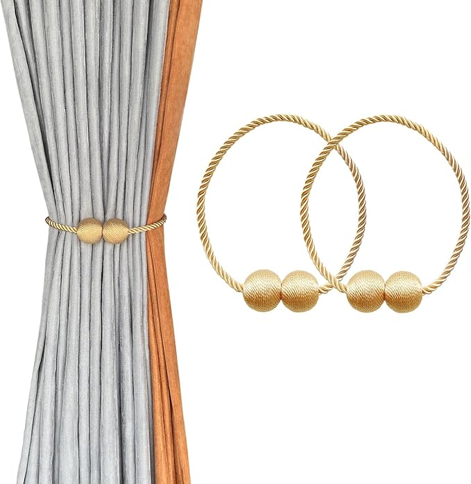 Melaluxe 2 Pack Magnetic Curtain Tiebacks, Decorative Curtain Holdbacks for Window Décor (Gold)