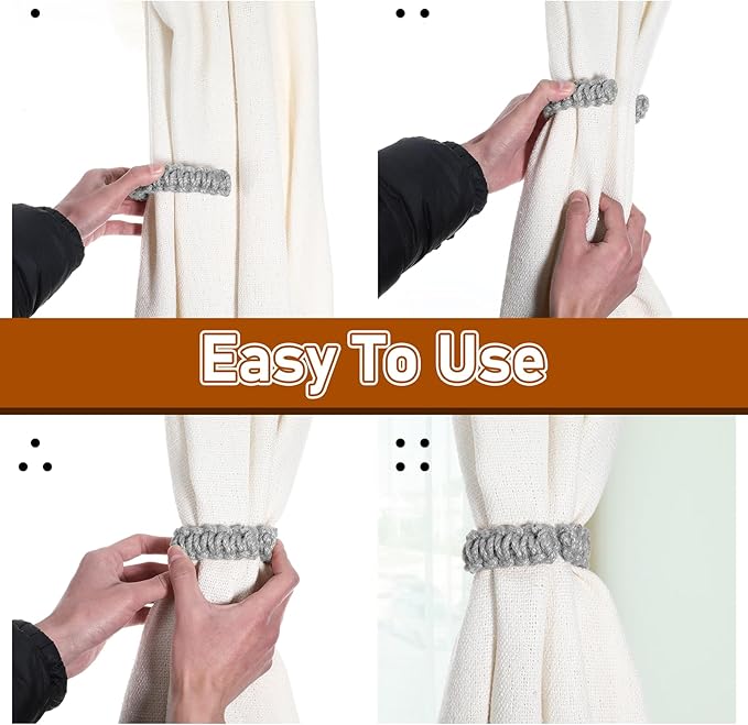 Ptwola 4 Pack Braided Curtain Tiebacks Boho Elegant Rustic Curtain Holdbacks Tie Backs Holders Set Simple Light Weight Drapes Decorative Accessories Handmade for Home Office Bedroom Window (4, Grey)