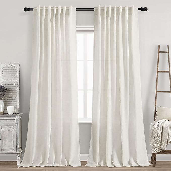 Nanspring Cream Linen Curtains 87 Inches Long for Bedroom Back Tab Light Filtering Privacy Sheer Curtains Modern Farmhouse Coastal Decor Cotton Textured Gauze Curtain for Bathroom 2 Panel Set 52x87