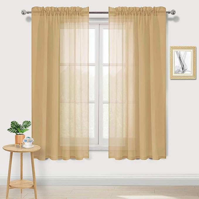 DWCN Taupe Sheer Curtains Semi Transparent Voile Rod Pocket Curtains for Bedroom and Living Room, 52 x 72 inches Long, Set of 2 Panels