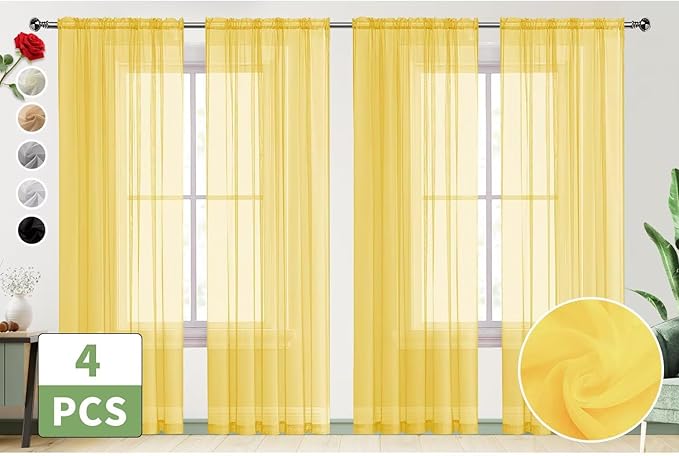 SpaceDresser Yellow Sheer Curtains 4 Panels Rod Pocket Semi-Sheer Curtain 54 Inches Long Light Filtering Voile Window Drapes for Bedroom Living Room Kitchen, Each 52W x54L