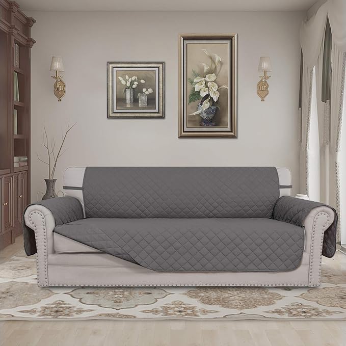 Easy-Going Reversible Couch Cover for 3 Cushion Couch Sofa Cover for Dogs Water Resistant Furniture Protector Cover with Foam Sticks Elastic Straps for Pet Cat (Sofa, Gray/Gray)