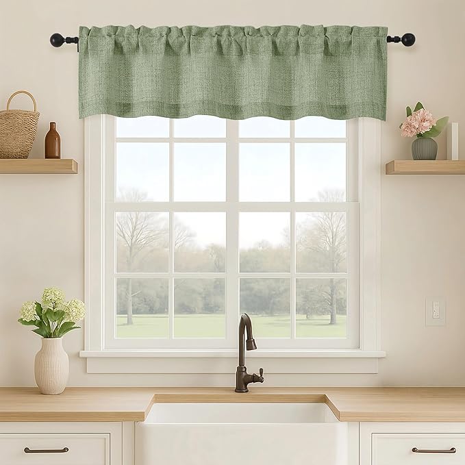 OVZME Green Valance for Windows, Light Filtering Faux Linen Textured Small Short Valance Kitchen Curtain, Dual Rod Pocket Top Short Window Curtain for Bathroom Basement Farmhouse, 1 Piece, 52Wx12L