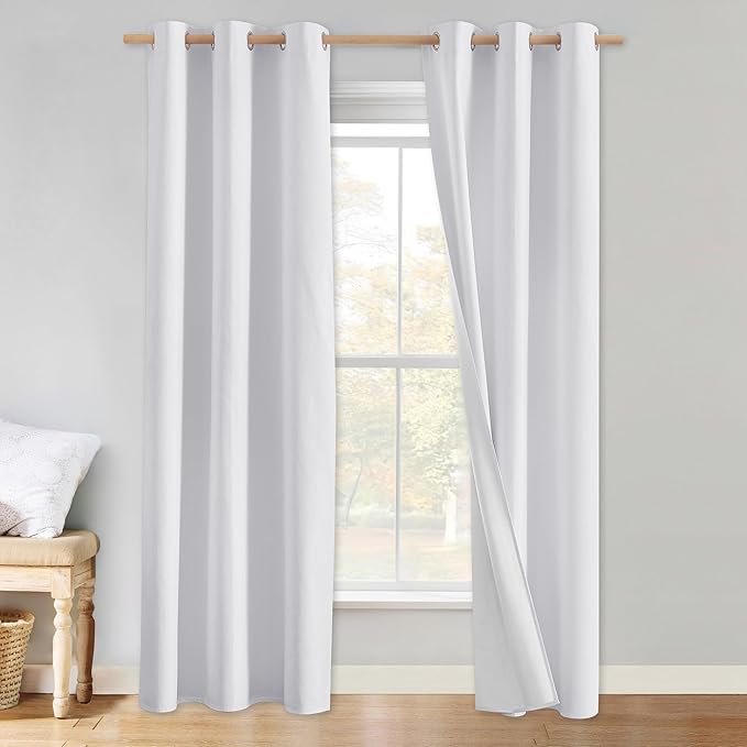 NICETOWN 100% Absolutely Blackout Linen Curtains with Thermal Insulated White Liner, White, 34 inches Wide, 90 inches Length Energy Saving Curtains for Living Room 2 Panels Set, Vertical Blinds