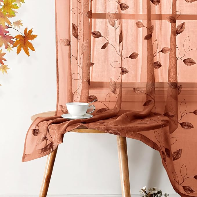 HOMEIDEAS Fall Burnt Orange Sheer Curtains 63 Inches Length 2 Panels Embroidered Floral Pattern Semi Sheer Window Curtains for Bedroom Living Room