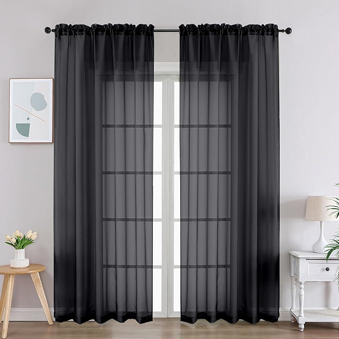 Gwine Black Sheer Curtains 84 Inches Long 2 Panels Set, Light Filtering Sheer Curtains for Living Room Bedroom 59 Inch Extra Wide, Modern Voile Soft Airy Rod Pocket Drapes, 59Wx84L Inch, 2PCS, Black