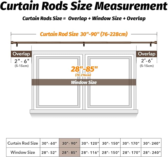 GEEBOBO Bronze Curtain Rods for Windows 48 to 84 Inch, 1 Inch Adjustable Heavy Duty Easy Install Curtain Rods Set for Outdoor, Patio, Farmhouse, Bedroom, Living Room (Bronze, 30"-90")