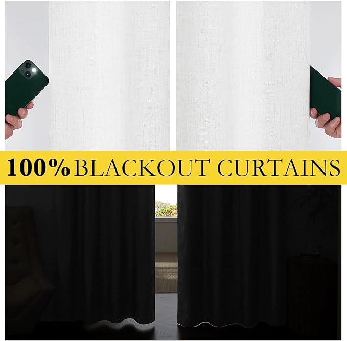 NICETOWN 100% Absolutely Blackout Linen Curtains with Thermal Insulated Liner, Greyish White, 52" Wide, 72" Length Energy Saving Curtains for Living Room 2 Panels Set, Vertical Blinds