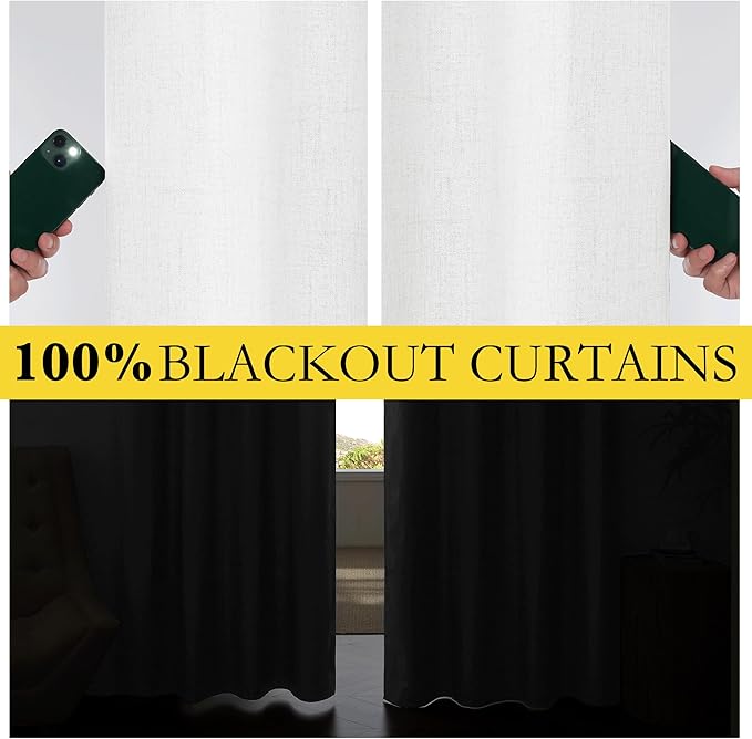 NICETOWN 100% Absolutely Blackout Linen Curtains with Thermal Insulated Liner, Greyish White, 52" Wide, 45" Length Energy Saving Curtains for Living Room 2 Panels Set, Vertical Blinds
