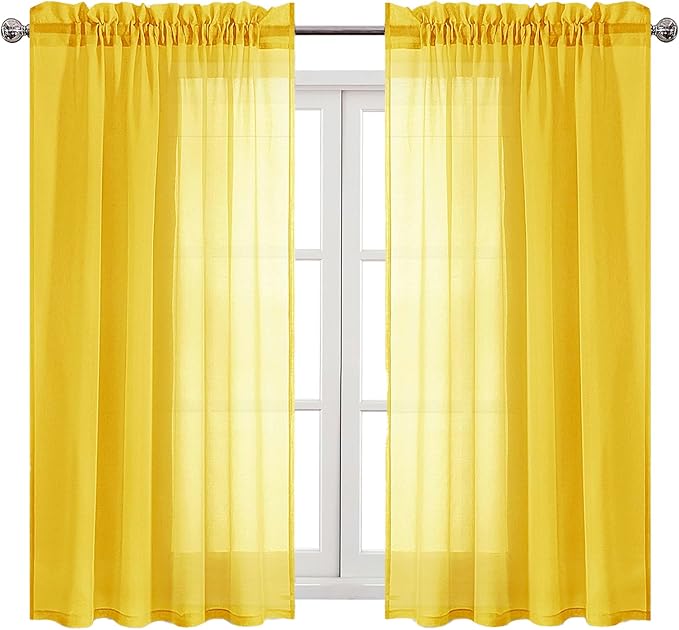 DWCN Yellow Sheer Curtains Semi Transparent Voile Rod Pocket Curtains for Bedroom and Living Room, 52 x 45 inches Long, Set of 2 Panels