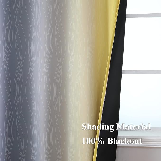 Estelar Textiler Yellow and Grey Blackout Curtains 102 Inch Length 2 Panels Set, Thermal Insulated Ombre Grommet Drapes for Bedroom, Full Room Darkening Gradient Curtains for Living Room, 52Wx102L
