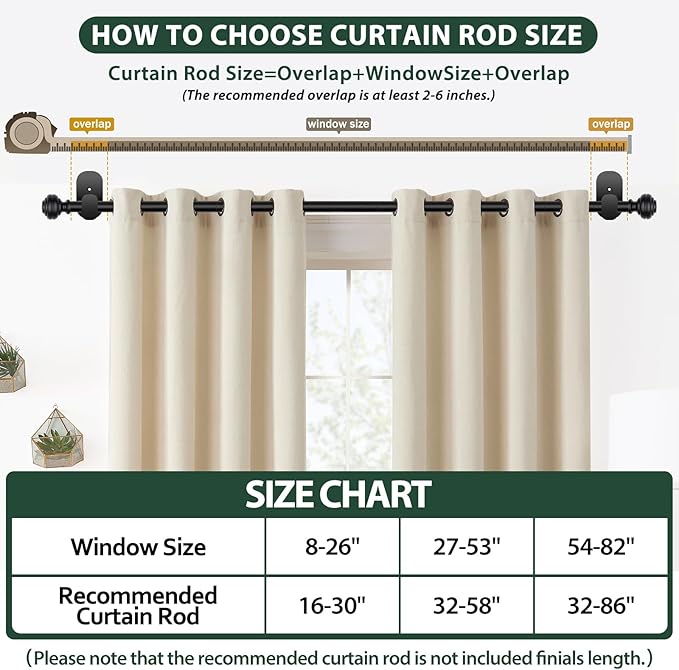KAMANINA Curtain Rods 2 Pack No Drilling for Windows 32 to 86 Inches, 5/8 Inch Adjustable Renter Friendly Curain Rod with 3M Adhesive Brackets, Black