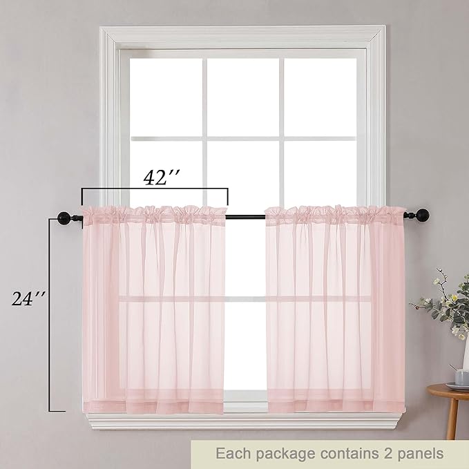 Kitchen Curtains 24 Inch Length Tier 2 Pieces, Blush Sheer Curtain Solid Soft Sheer Short Curtains for Windows, Cafe Bathroom Basement Rod Pocket Drapes, Blush, Each 42" Wx24 L Inches