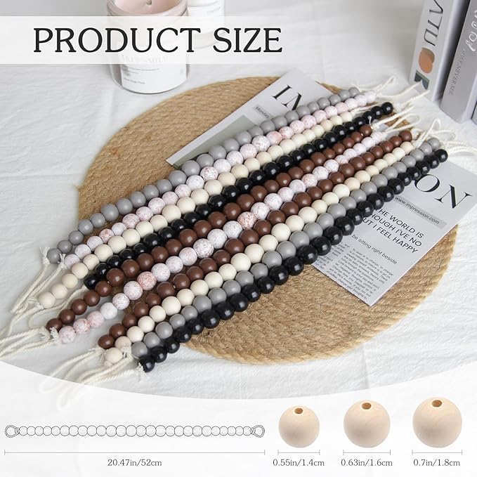 Hion 4 Pcs Boho Curtain Tiebacks,Wood Beads Curtain Holdbacks,Outdoor Farmhouse Tie Backs for Curtains,Curtain Holders for Drapes Home Office Room Decor with Hooks(Grey