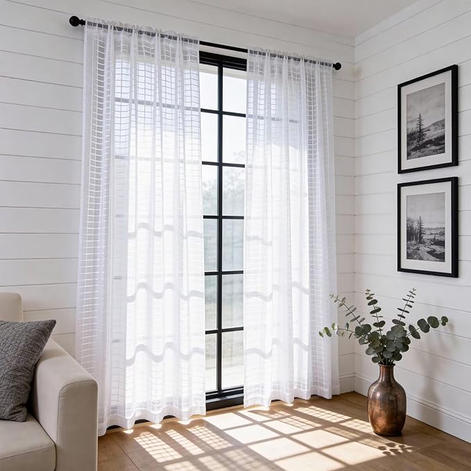 SpaceDresser Check Sheer Curtains 84 Inches Long for Living Room, Rod Pocket Plaid Semi Sheer Drapes for Kitchen Bedroom（White, 52W x 84L）