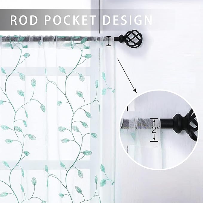 MRTREES Sheer Christmas Curtain Valance, 2 Panels Leaves Embroidered Small Valances Curtains 54x16 Inches, Rod Pocket Short Window Treatment Toppers for Living Room Bedroom Kitchen(Aqua Blue Leaves)