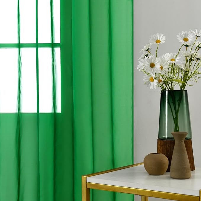 youleyar Solid Sheer Rod Pocket Curtain Voile Draperies 2 Panels White Beige Black Grey Coffee 52 Inch Width 90 Inch Long 1 Pair for Kitchen Bedroom Children Living Room Yard (Green,52Wｘ90L)