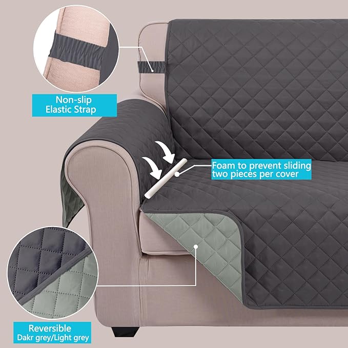 U-NICE HOME Recliner Chair Covers Reversible Quilted Water Repellent Pet Protectors with Elastic Straps (23''Recliner Small, Dark Grey/Light Grey)