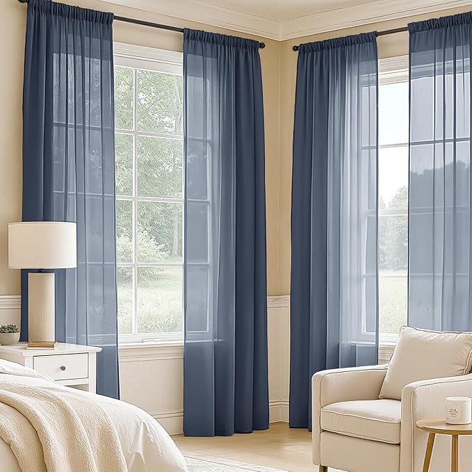 MIULEE Navy Blue Sheer Curtains 63 Inches Long, 4 Panels Set, Light Filtering Rod Pocket Voile Drapes Window Treatments, Semi Transparent Airy Fabric for Bedroom and Living Room, 54 x 63 Inches