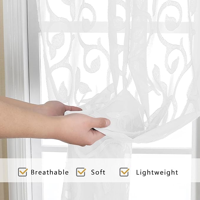 OWENIE Furman Extra Long Sheer White Curtains 96 inches Long for Bedroom Living Room 2 Panels Set, Light Filtering Soft Semi Sheer Jacquard Clip Farmhouse Curtains Rod Pocket Design, 40Wx96L inch