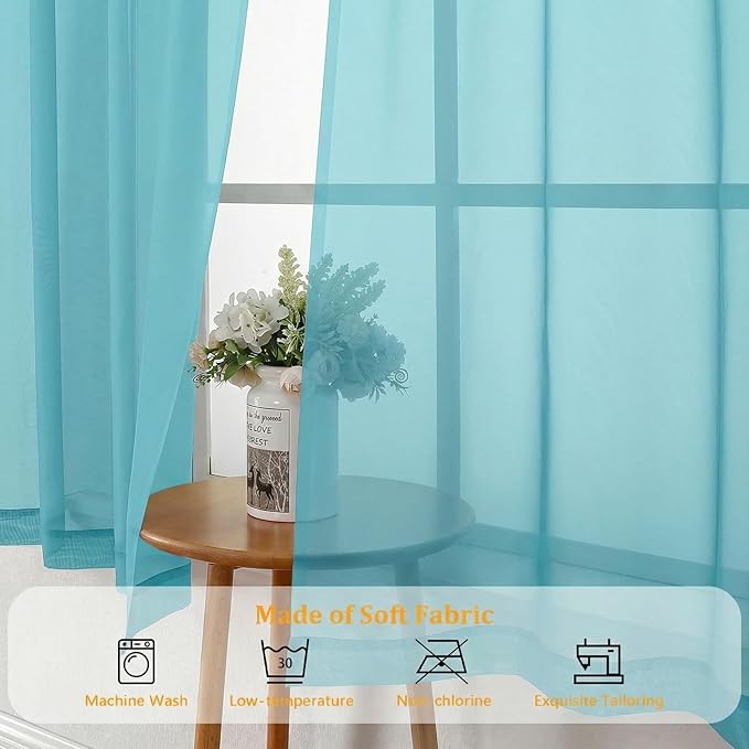 Gwine Short Kitchen Sheer Curtains 30 Inch Length - Light Filtering Voile Small Half Window Curtain for Basement, Rod Pocket Cafe Curtains for Bathroom Cabinet, 42Wx30L Inch, 2 Panels, Aqua