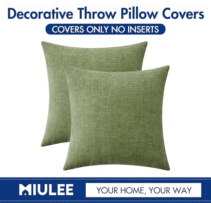 MIULEE Pack of 2 Couch Throw Pillow Covers 24x24 Inch Spring Soft Sage Green Chenille Pillow Covers for Sofa Living Room Solid Dyed Pillow Cases