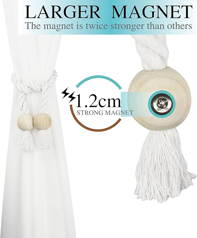 2 Pack Magnetic Curtain Tiebacks Cotton Hand Woven Tie Back Decorative Rope Holdbacks for Curtains Draperies No Tools Required, White