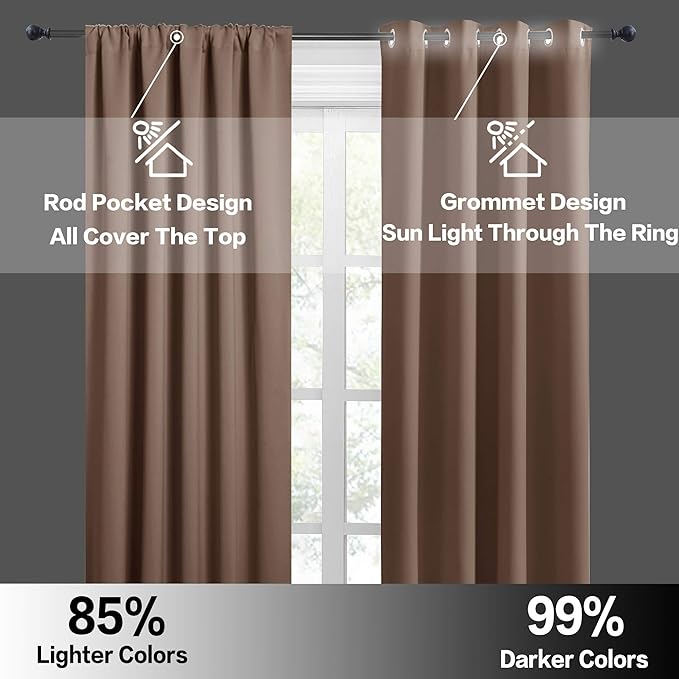 RYB HOME Blackout Curtains for Bedroom Living Room 63 inches Long, Thermal Insulated Privacy Rod Pocket Drapes for Nursery Office Home Theater, Width 42 by Length 63, Mocha, 2 Panels