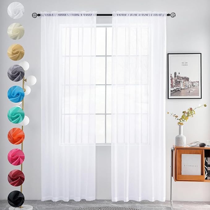 youleyar Sheer Rod Pocket Curtain Voile Draperies 2 Panels White Beige Black Grey Coffee 52 Inch Width 84 Inch Long 1 Pair for Kitchen Bedroom Children Living Room Yard (Optical White,52Wｘ84L)