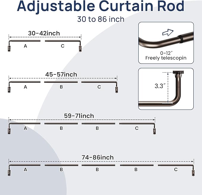 ENJOYBASICS Blackout Curtain rod for windows 48 to 84, Wrap Around Curtain Rods for Bedroom, Living Room, Adjustable from 30 to 86 Inches, Bronze