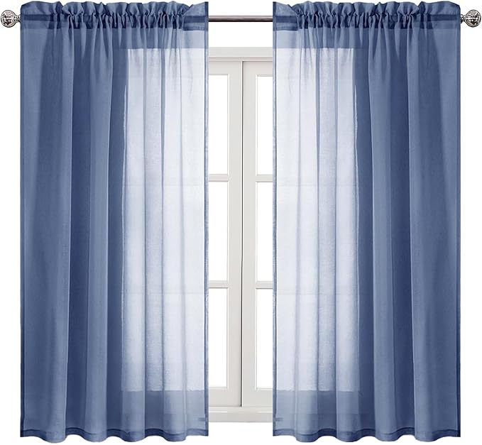DWCN Sheer Curtains Semi Transparent Voile Rod Pocket Curtains for Bedroom and Living Room, Dusty Blue, 52 x 54 inches Long, Set of 2 Panels