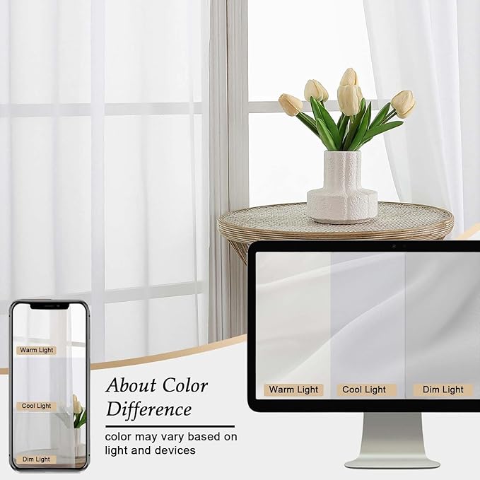 Extra Long Sheer White Curtains for Bedroom Living Room 108 Inches Long 2 Panels Set, Solid Soft Light Filtering Rod Pocket Sheer Window Curtains, White, Each 59" Wx108 L Inch