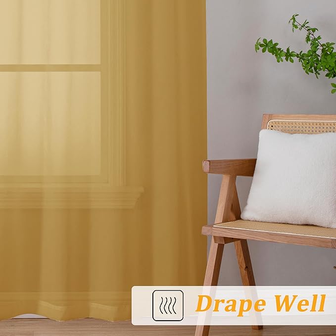 Gwine Gold Sheer Kitchen Curtains 36 Inch Length, Light Filtering Voile Soft Airy Small Cafe Curtains, Short Window Curtain for Bathroom Basement, 42x36 inch, 2PCS