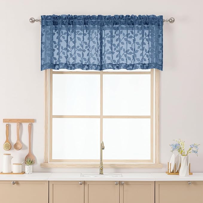 Chyhomenyc Dusty Blue Sheer Valances for Windows 18 Inch Length 2 Pcs, Light Filtering Leaf Textured Cafe Short Kitchen Curtains, Top Small Curtain for Living Room Bedroom Basement, 42" W x 18" L