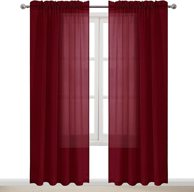 DWCN Christmas Burgundy Sheer Curtains Semi Transparent Voile Rod Pocket Curtains for Bedroom and Living Room, 52 x 95 inches Long, Set of 2 Panels