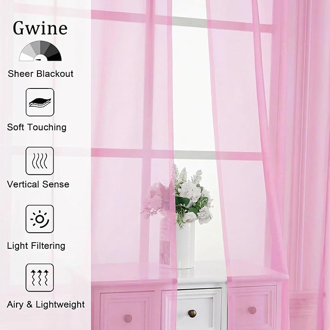Gwine Sheer Curtains for Bedroom 54 inches Long - Light Filtering Voile Window Curtain Panels, Airy Transparent Rod Pocket Sheer Drapes for Living Room, Each 42Wx54L, 2 Panels, Pink