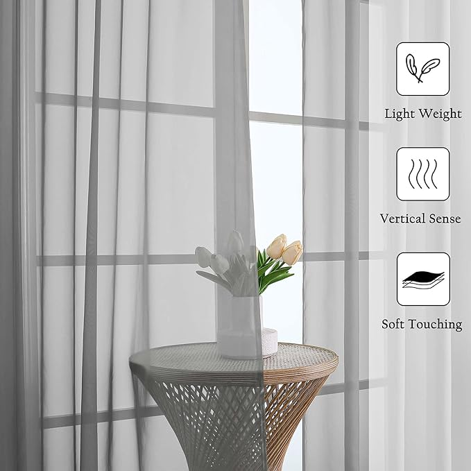 Lecloud Charcoal Grey Sheer Curtains for Bedroom 84 Inches Long 2 Pcs, Light Filtering Airy Voile Window Curtains for Living Room, Modern Farmhouse Decor Rod Pocket Drapes, Each Panel 59" W x 84" L