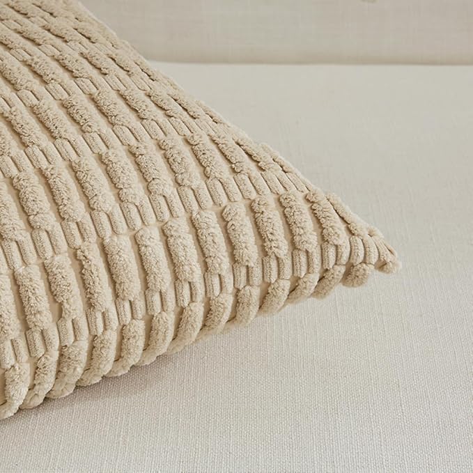 Fancy Homi 4 Packs Tan Decorative Throw Pillow Covers 12x20 Inch for Living Room Couch Bed Sofa, Beige Rustic Farmhouse Boho Home Decor, Soft Plush Striped Corduroy Square Cushion Case 30x50 cm