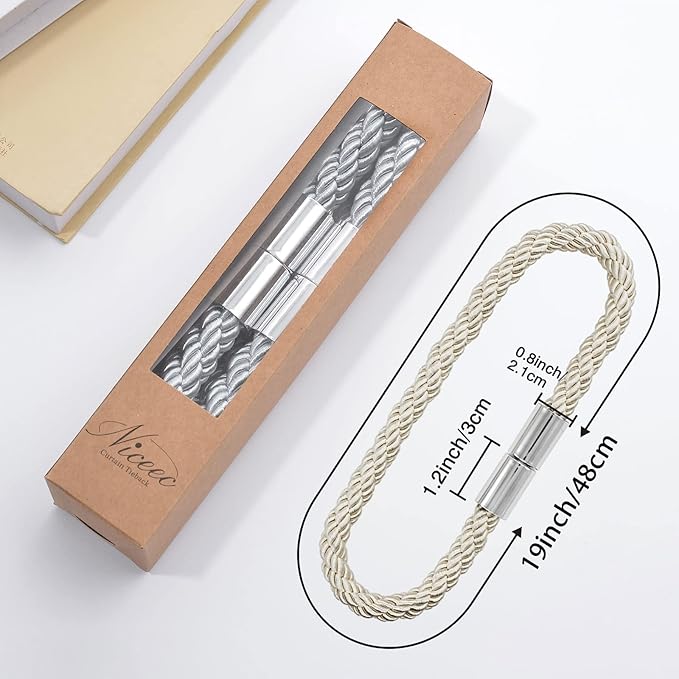 NICEEC 2 Pack Strong Magnetic Curtain Tiebacks Modern Simple Style Drape Tie Backs Convenient Decorative Weave Rope Curtain Holdbacks for Thin or Thick Home & Office Window Draperies (Beige)