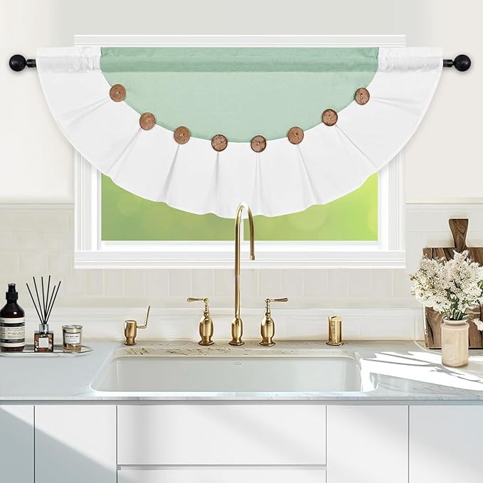 FRAMICS Farmhouse Valance Curtains, Boho Cotton Linen Kitchen Valance, Sage Green Rustic Button Window Valances for Bedroom, Country Rod Pocket Valances for Windows, Semi-Circular, 52 x 18 Inch
