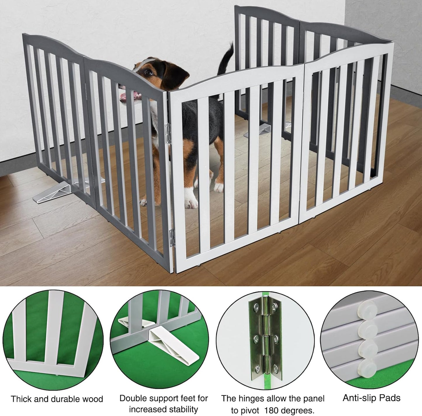 ZJSF Foldable Freestanding Indoor Dog Gate for House Wood Long Pet Gates Dog Fence for Stairs Puppy Gates for Hallways, Puppy Gate,Support Feet Included, Grey, 24 "Height-6 Panels