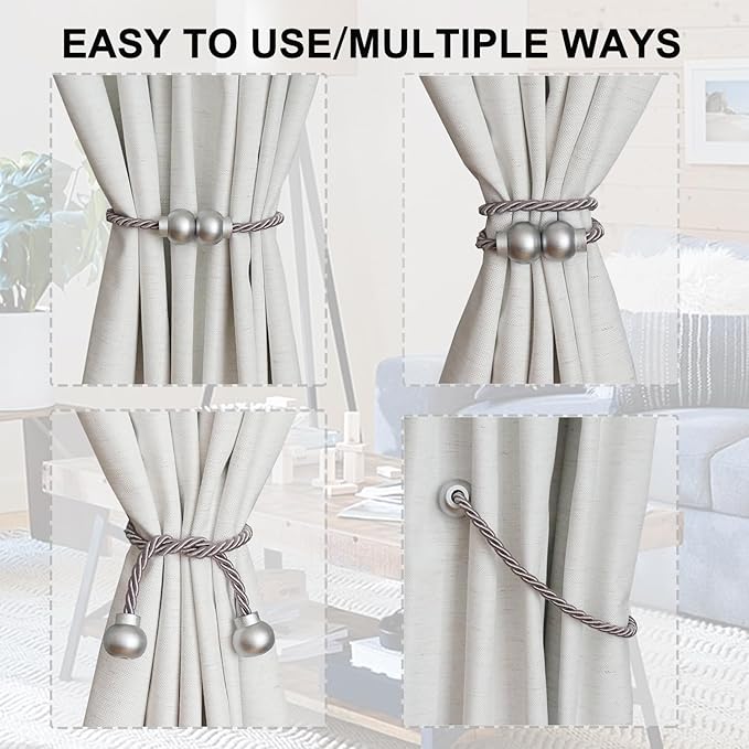 4 Pack Magnetic Curtain Tiebacks Modern Handmade Rope Curtain Tie Backs Decorative Drapes Weave Holdbacks for Home Outdoor Bedroom Office Decorative Curtain, Grey