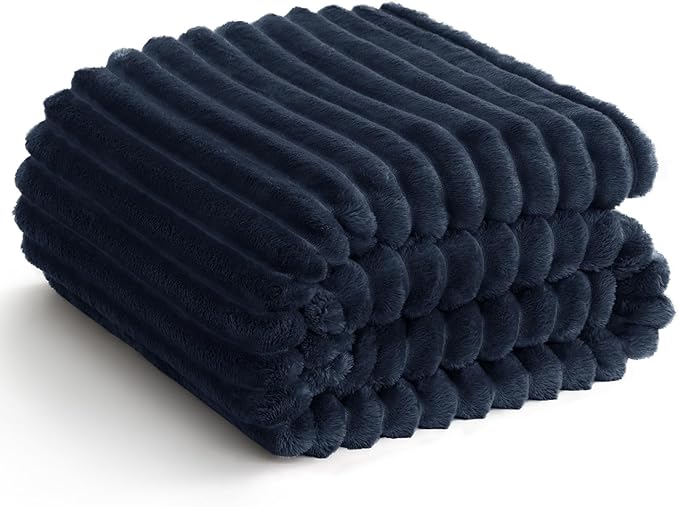 HIMEET Navy Blue Ribbed Queen Size Blanket for Bed - 300GSM Lightweight Fleece Blanket for Men Women, Large Sofa Couch Cover Bed Blankets Gifts, Striped Spring Home Room Decor, Navy Blue, 90x90 Inches