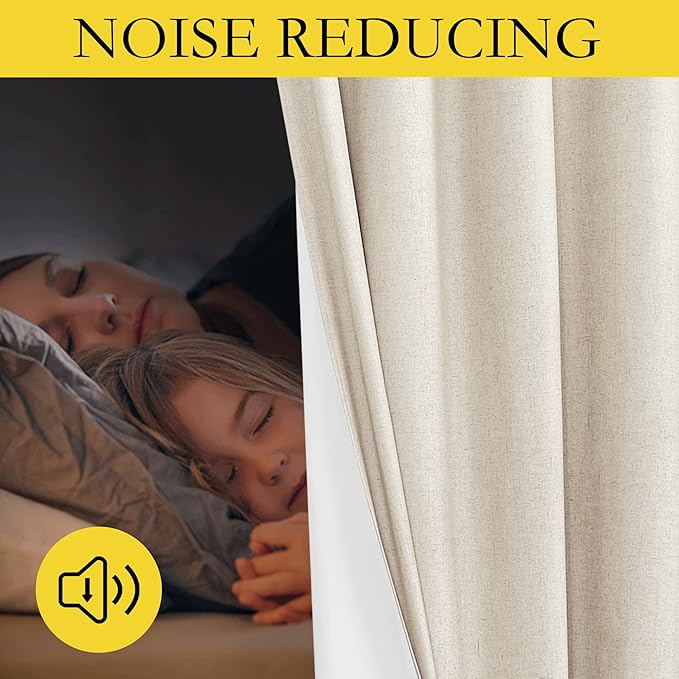 NICETOWN 100% Absolutely Blackout Linen Curtains with Thermal Insulated White Liner, Beige, W62, 2 Pieces, Noise Reducing Textured Linen Look Curtains for Windows 102 inch Length for Classroom