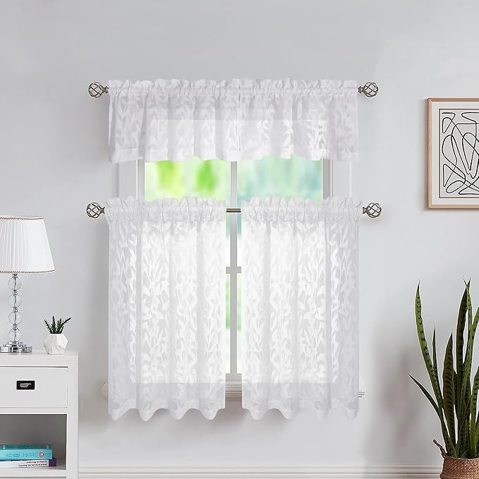 Lecloud Leia White Sheer Curtains 54 Inch Length 2 Panels, Voile Light Filtering Privacy Jacquard Textured Curtains, Dual Rod Pockets Drapes with Leaves for Living Room Bedroom, Each 42" W x 54" L
