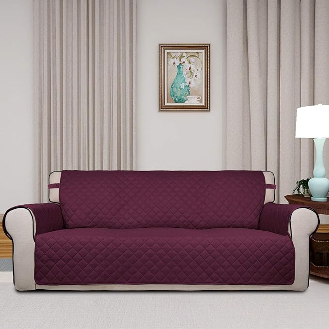 PureFit Reversible Quilted Sofa Cover, Water Resistant Slipcover Furniture Protector, Washable Couch Cover with Non Slip and Elastic Straps for Kids, Dogs, Pets (Sofa, Wine/Beige)