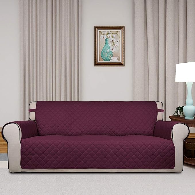 PureFit Reversible Quilted Sofa Cover, Water Resistant Slipcover Furniture Protector, Washable Couch Cover with Non Slip and Elastic Straps for Kids, Dogs, Pets (Oversized Sofa, Wine/Beige)