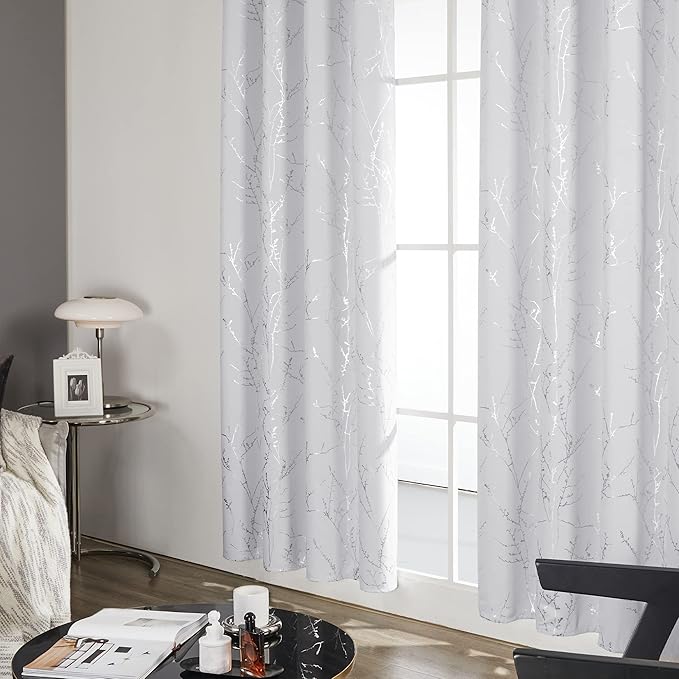 Deconovo Greyish White Curtains, Room Darkening Curtain, Thermal Insulated Soundproof Drapes, Silver Branch Print, 42 x 63 Inch Long, Grommet Window Panels for Living Room Bedroom Nursery, Set of 2