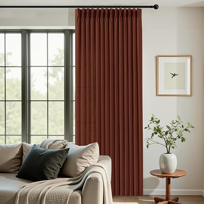 IVAPUPU Pinch Pleated Linen Curtains 96 Inches Long for Living Room, Semi Sheer Light Filtering Memory Trained Pleated Curtain Back Tab Drapes for Farmhouse with Hooks Rings, Chestnut Brown, 2 Panels