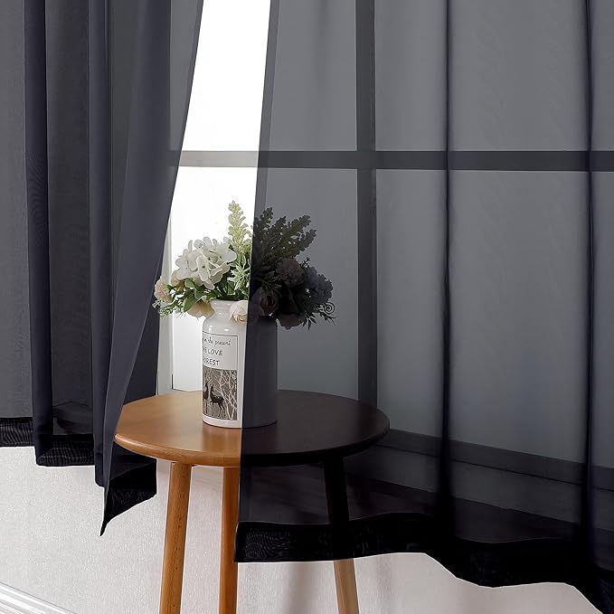 Lecloud Black Sheer Curtains 54 Inch Length 2 Panels Set, Lightweight Short Curtains for Bedroom Kitchen, Light Filtering Voile Window Treatments with Rod Pocket for Living Room, 40 W x 54 L